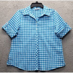 Alia Shirt Women Petite M Multi Check Roll Tab Sleeve Side Slit Inside Button Up